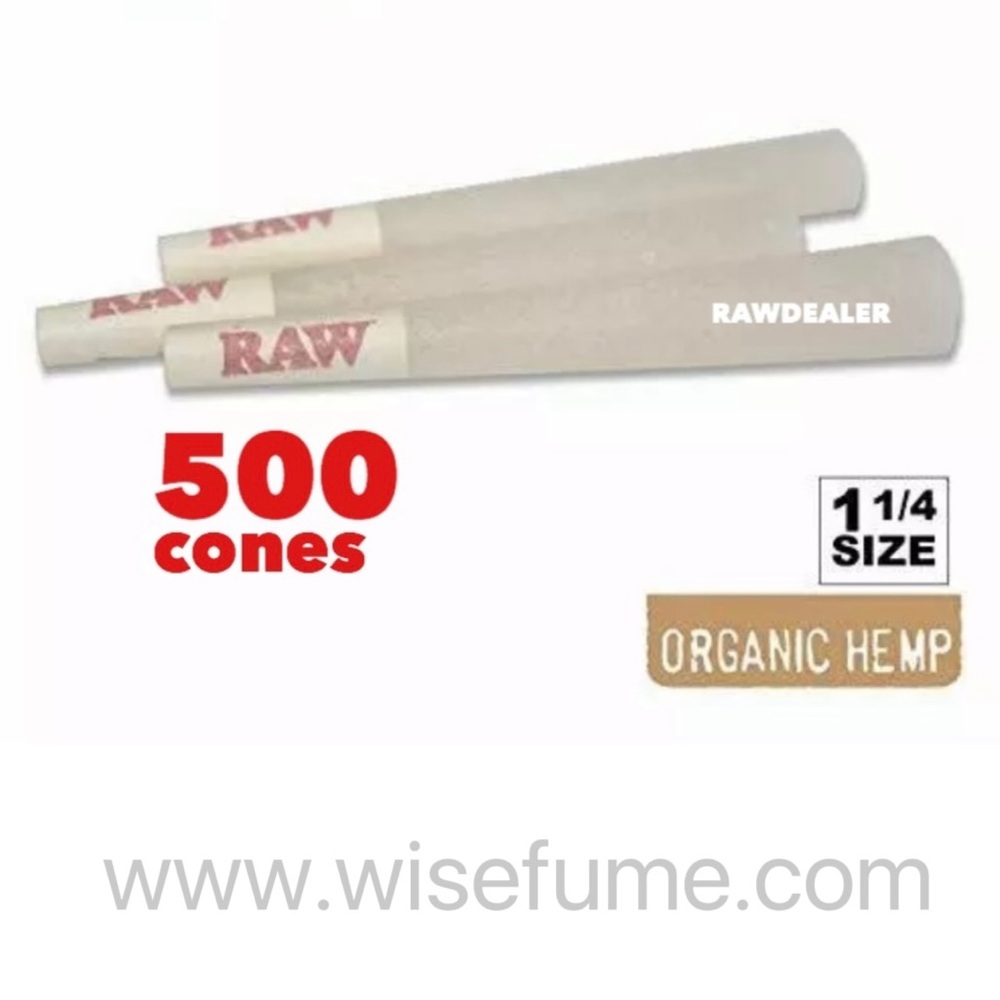RAW organic 1 1/4size pre rolled cone (500 PK) with safety tube